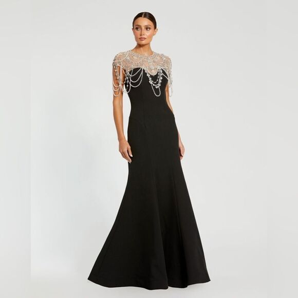 MAC DUGGAL 11775 Black Draped Pearl Beaded Mermaid Gown Dress - Picture 2 of 13